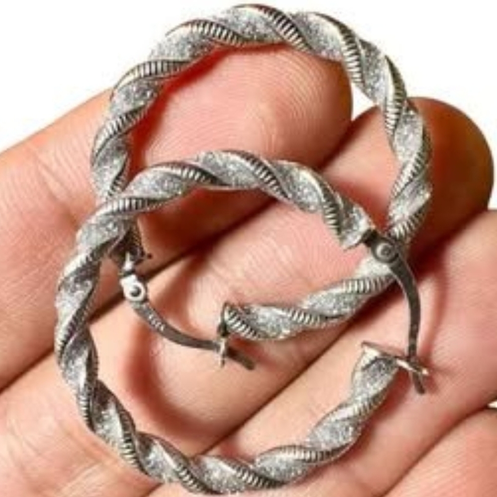 Twisted Hoop Earrings Sterling Silver 925, 35MM Crystal Dust Hoop,  French Wire